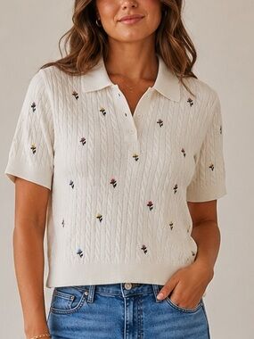 Calligraphie Cable Knit Floral Embroidered Sweater Polo Top XL Ivory NWOT